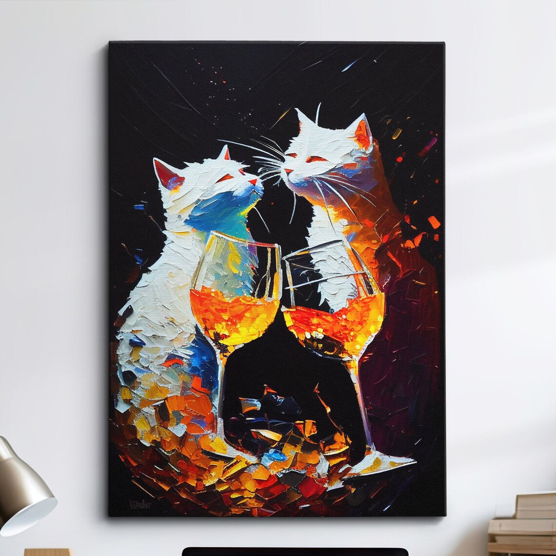 Two White Cats Toasting Wine Glasses Colorful Pop Art Poster