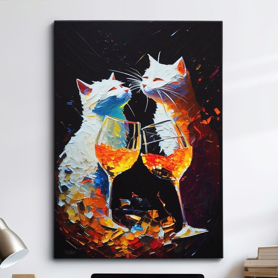 Colorful Cats Drinking Party Pet Abstract Modern Oil Painting Wall Art Framed Canvas Poster Print Home Kitchen Office Room Decor Gifts