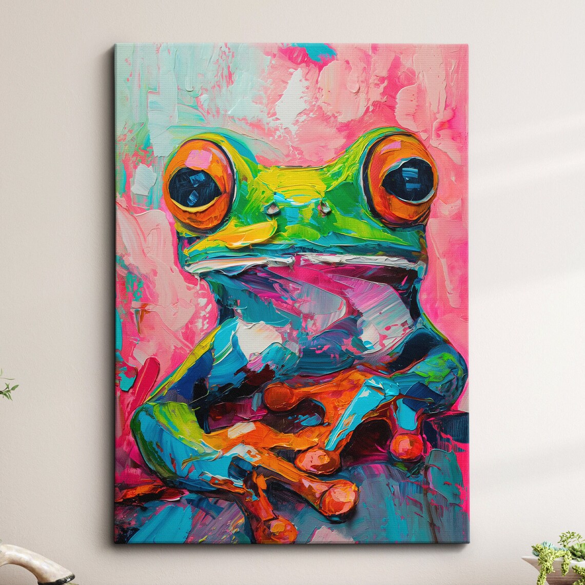 Wide Eyed Colorful Frog Neon Green Impasto Oil Painting Style Poster