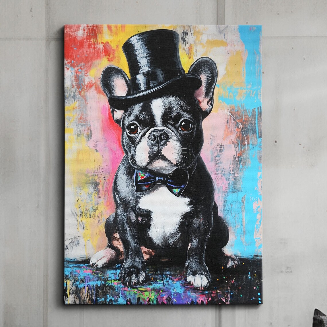 Funny French Bulldog Wearing Top Hat Bow Tie Colorful Painting Poster