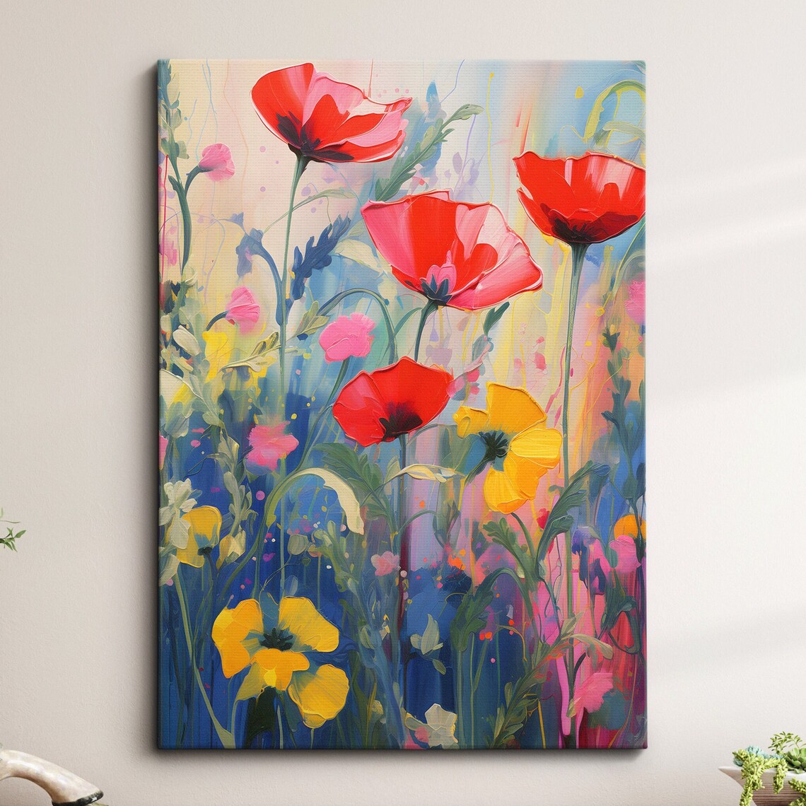 Red Poppy Meadow Field Abstract Oil Painting Floral Canvas Poster