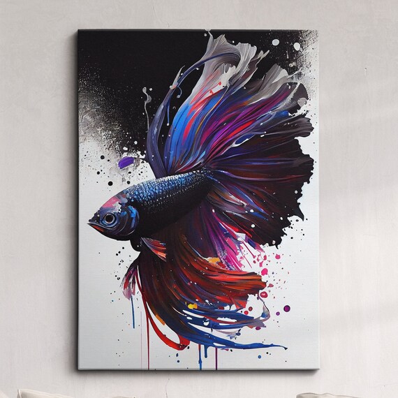 Betta Fighting Fish Swimming Painting Splatter Colorful Wall Art Framed Canvas Poster Print Homeoffice Room Decor Gifts