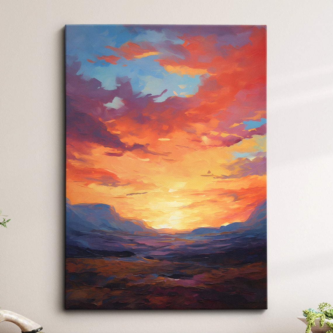 Vibrant Desert Valley Sunset Oil Painting Dramatic Sky Wall Art