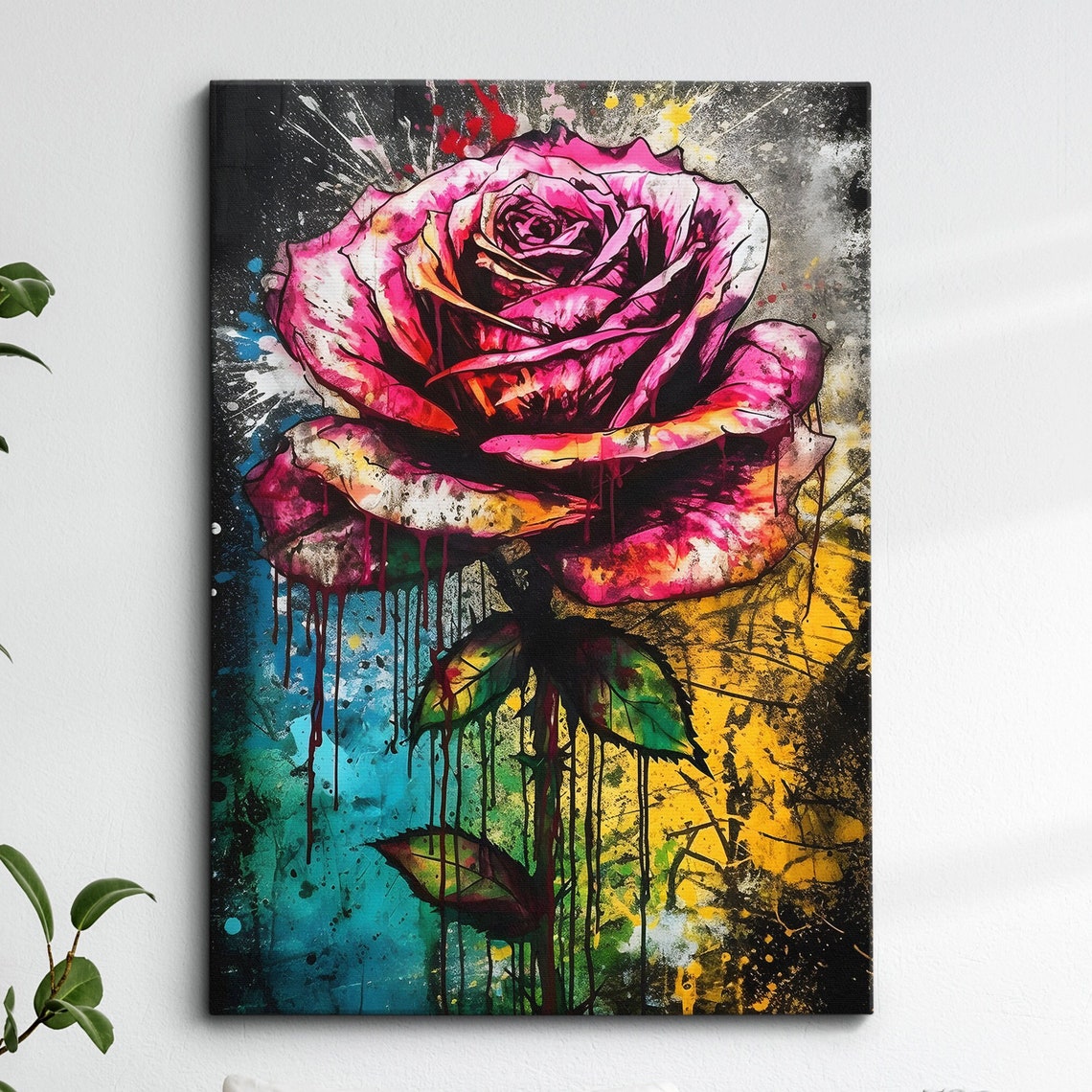 Pink Rose Graffiti Splashes Abstract Botanical Canvas Print Decor