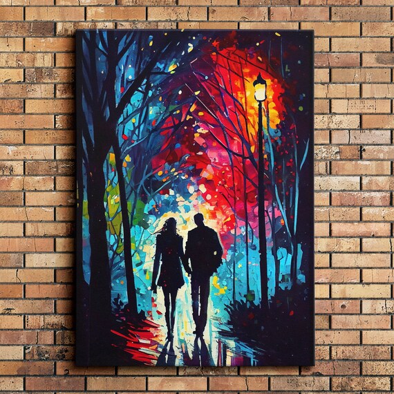 Couple Walking Night Forest Lamppost Abstract Romantic Art Poster
