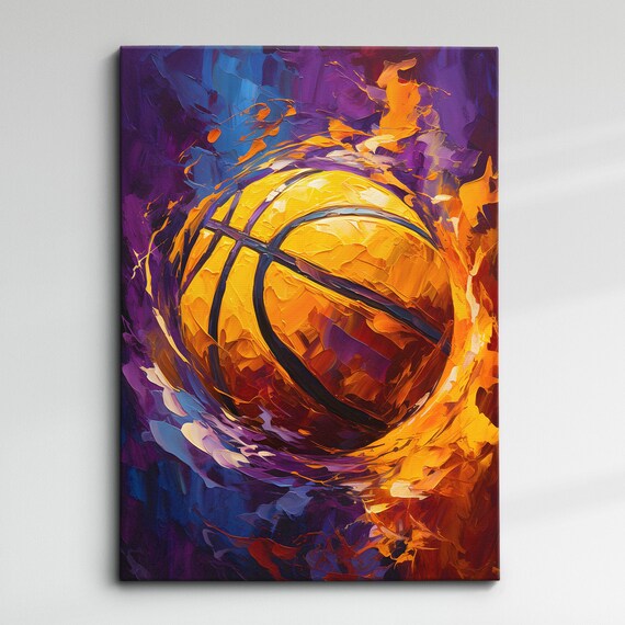 Fiery Abstract Basketball Bursting Flames Oil Painting Sports Poster
