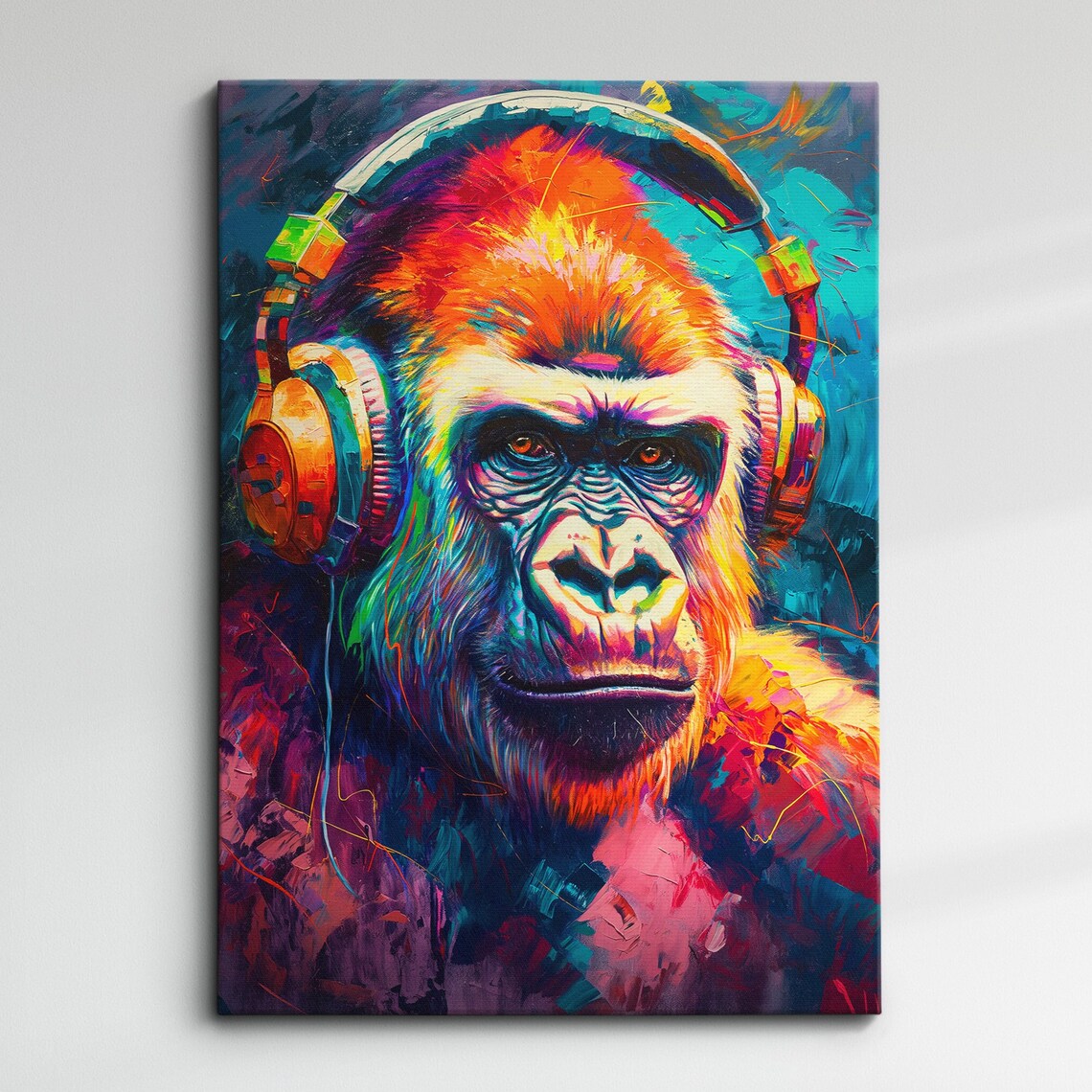 Colorful Neon Gorilla Wearing Headphones Paint Splatter Art Poster