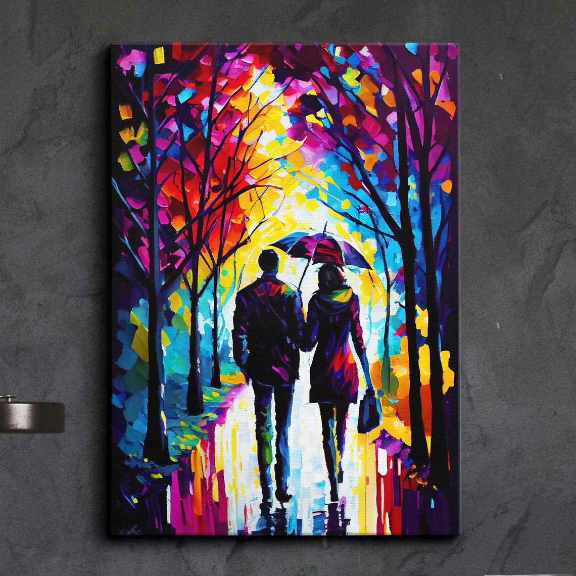 Romantic Couple With Umbrella In Colorful Forest Oil Painting Wall Art