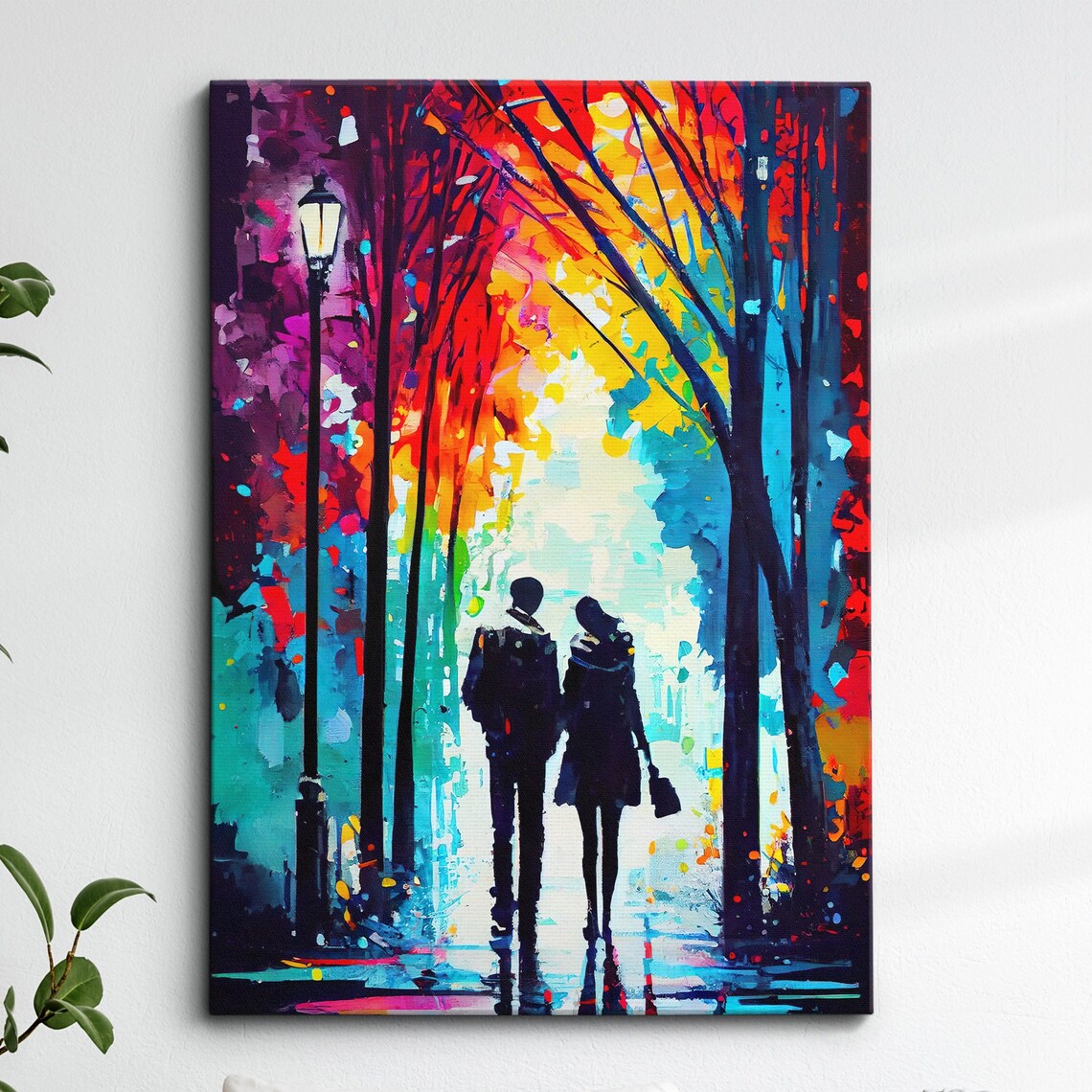 Couple Walking Under Street Lamp Starry Night Painting Wall Art