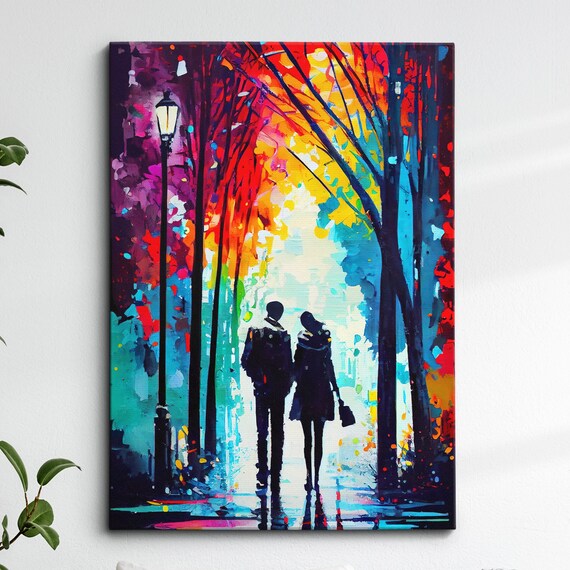 Couple Walking Under Street Lamp Starry Night Painting Wall Art