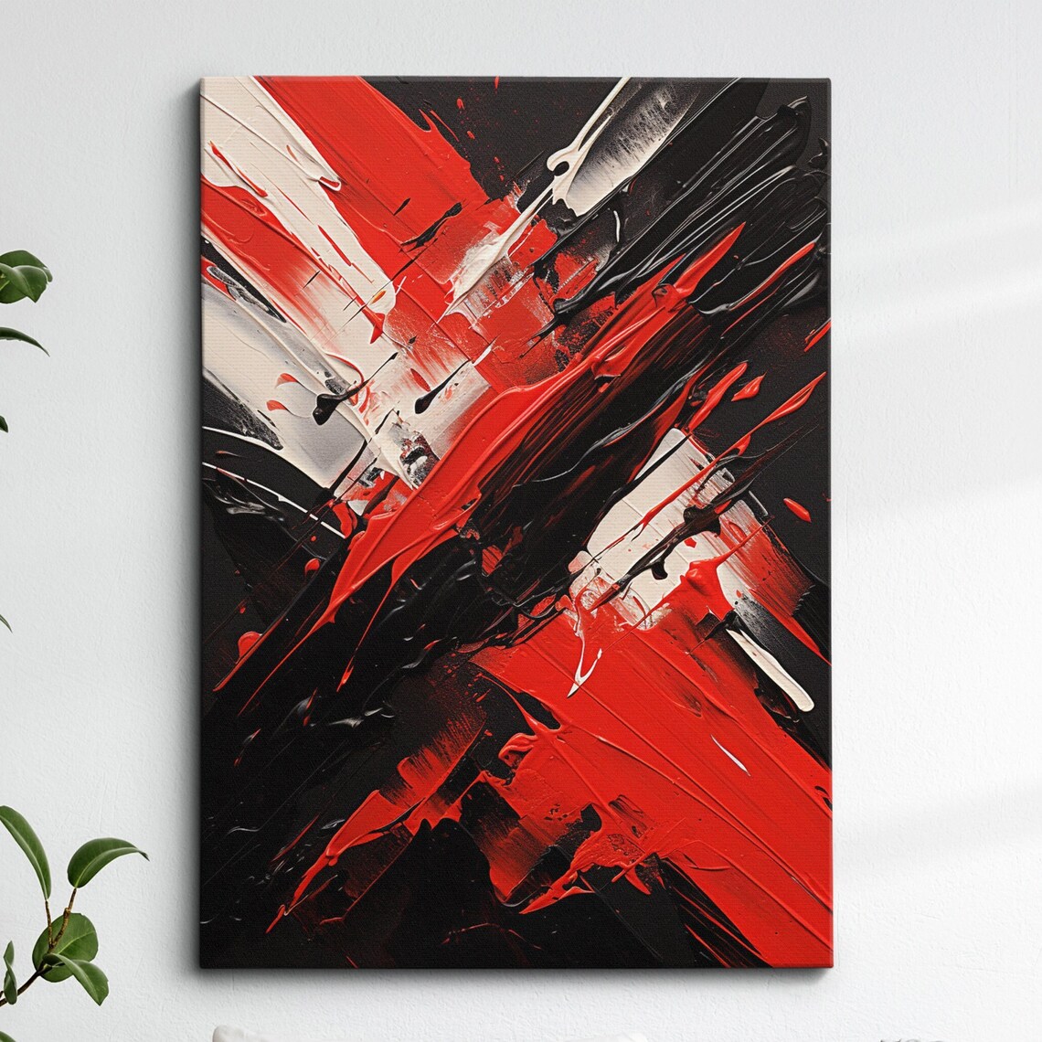 Red Black White Abstract Oil Painting Splatter Modern Wall Art