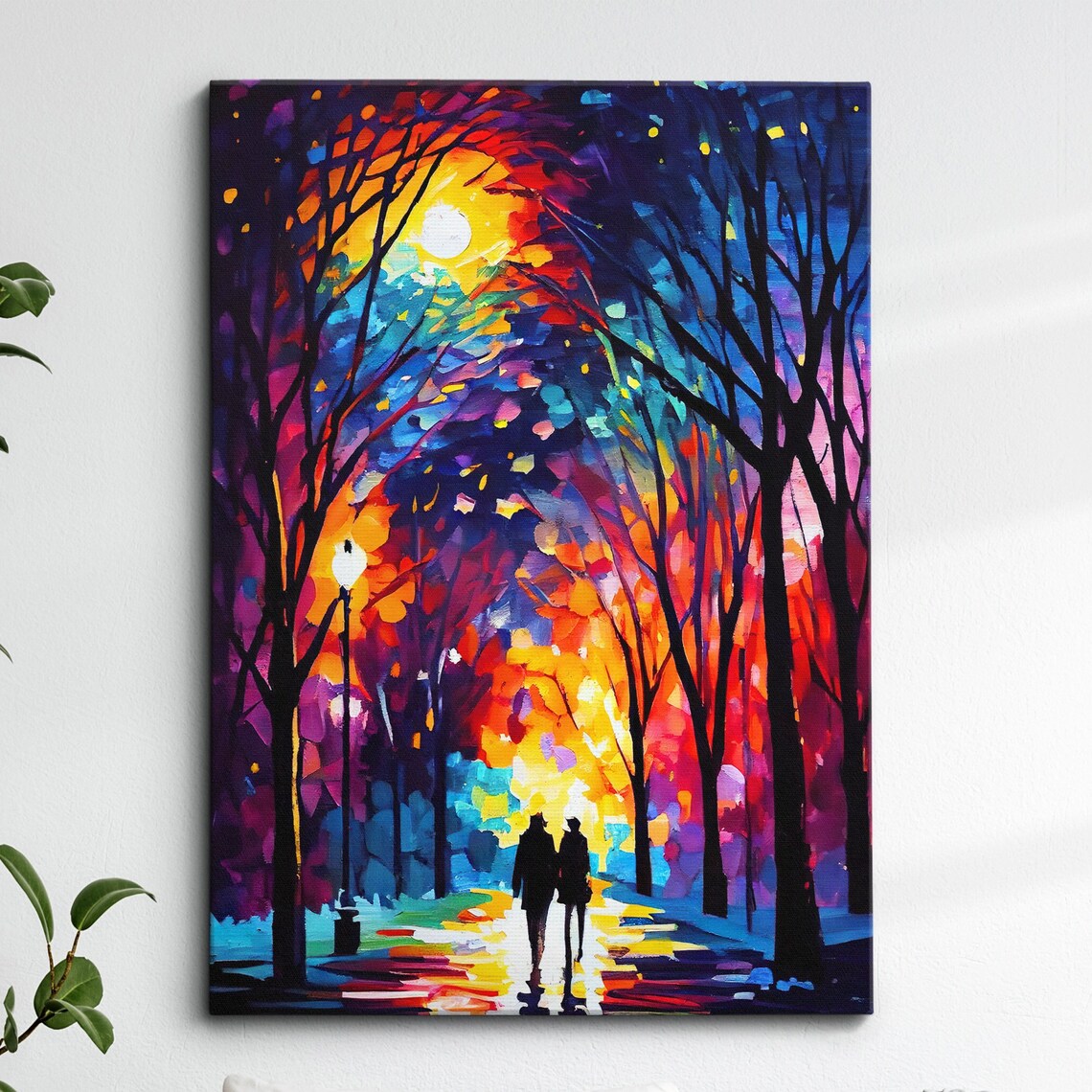 Couple Walking at Night Through Colorful Abstract City Street Poster