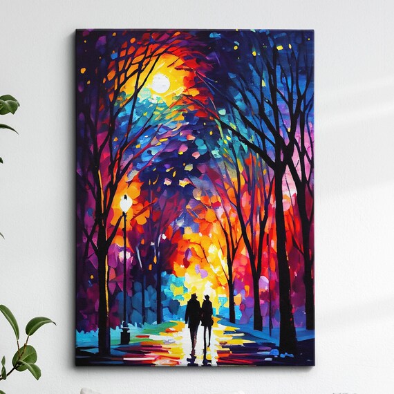 Couple Walking Starry Night Abstract Oil Painting Style Wall Art Framed Canvas Poster Print Home Kitchen Office Room Decor Gifts