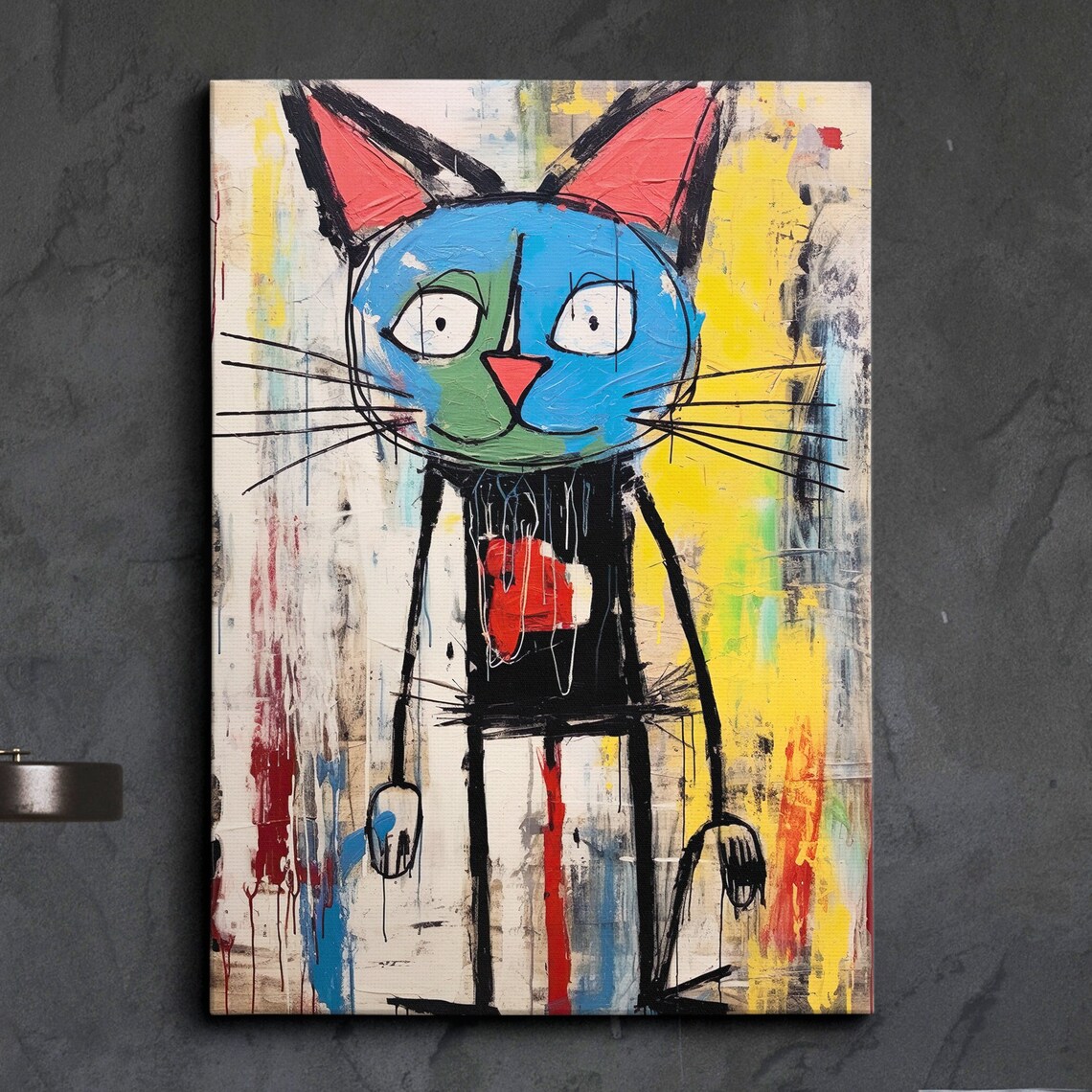 Whimsical Blue Cat Naive Abstract Oil Painting Funny Wall Poster