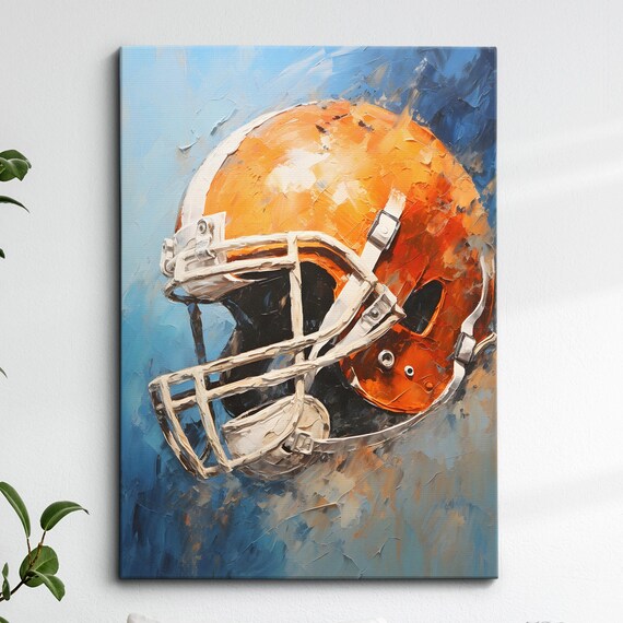 Orange Football Helmet On Blue Oil Painting Style Sports Poster
