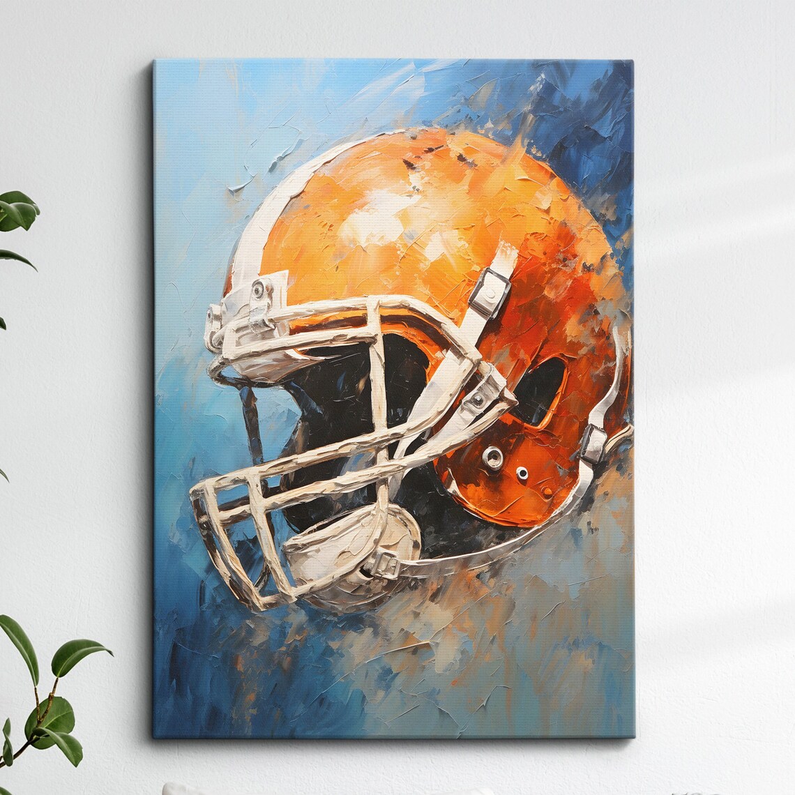 Orange Football Helmet On Blue Oil Painting Style Sports Poster
