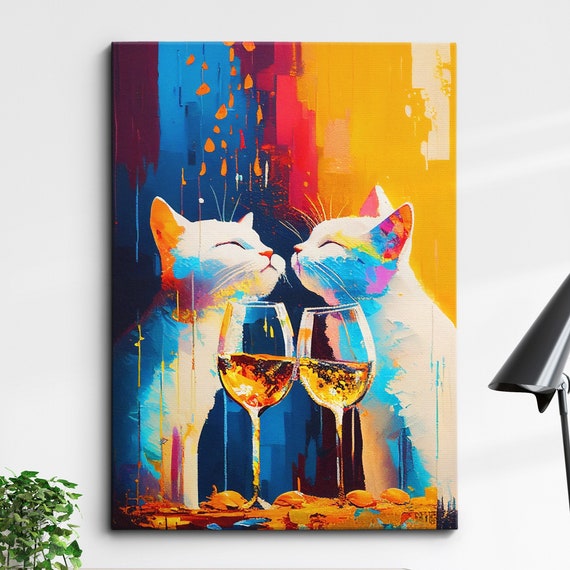 Colorful Cats Drinking Party Pet Abstract Modern Oil Painting Wall Art Framed Canvas Poster Print Home Kitchen Office Room Decor Gifts