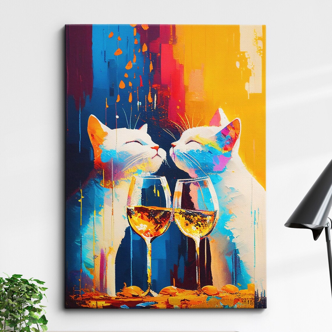 Two Cats Toasting with Wine Glasses Colorful Abstract Party Poster