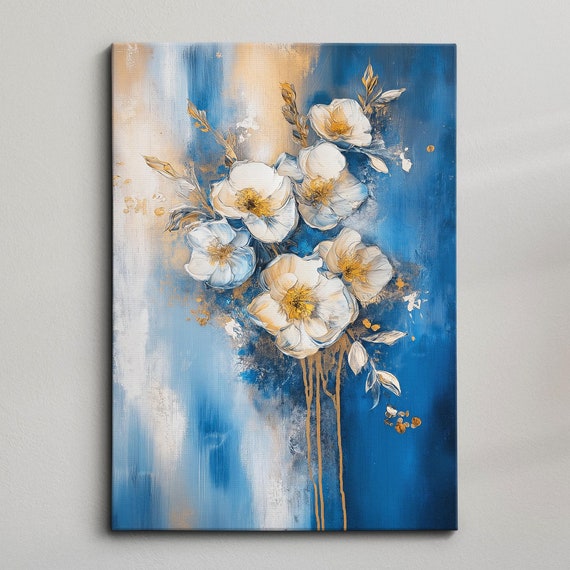 Modern Abstract Blue Gold Minimalist Floral Oil Painting Wall Art Framed Canvas Poster Print Home Living Room Decor Gift Ideas
