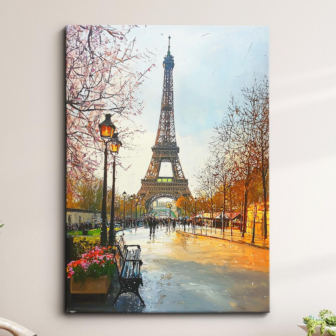 Paris Eiffel Tower Autumn Lamp Post Oil Painting Street Poster
