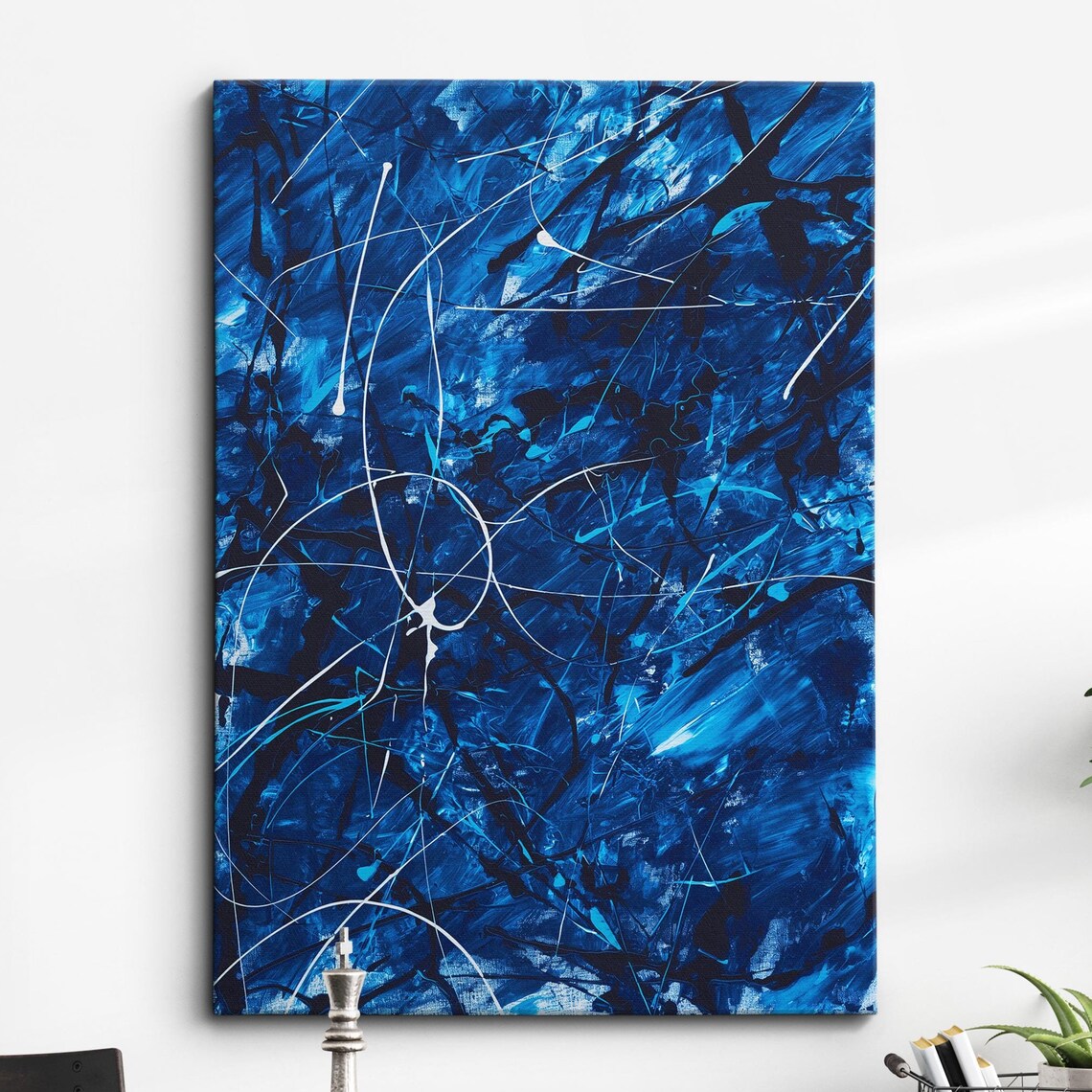 Deep Blue White Abstract Splatter Paint Modern Canvas Wall Art