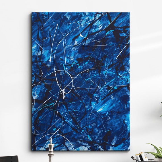 Modern Abstract Blue White Free Form Exhibition Oil Painting Wall Art Framed Canvas Poster Print Home Living Room Decor