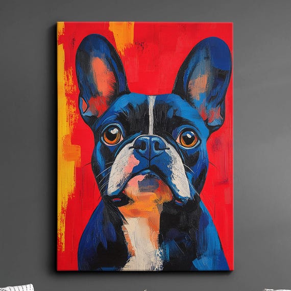 French Bulldog Fun Animal Dog Pet Lover Abstract Oil Painting Wall Art Framed Canvas Poster Print Home Kitchen Living Room Decor Gifts