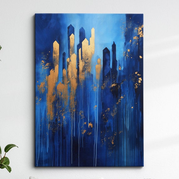 Modern Abstract Blue Gold Cityscape Effect Geometric Oil Painting Wall Art Framed Canvas Poster Print Home Living Room Decor Gifts