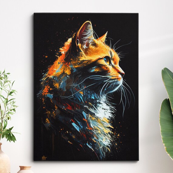 Orange Cat Side Profile Abstract Amber Blue Canvas Art Poster