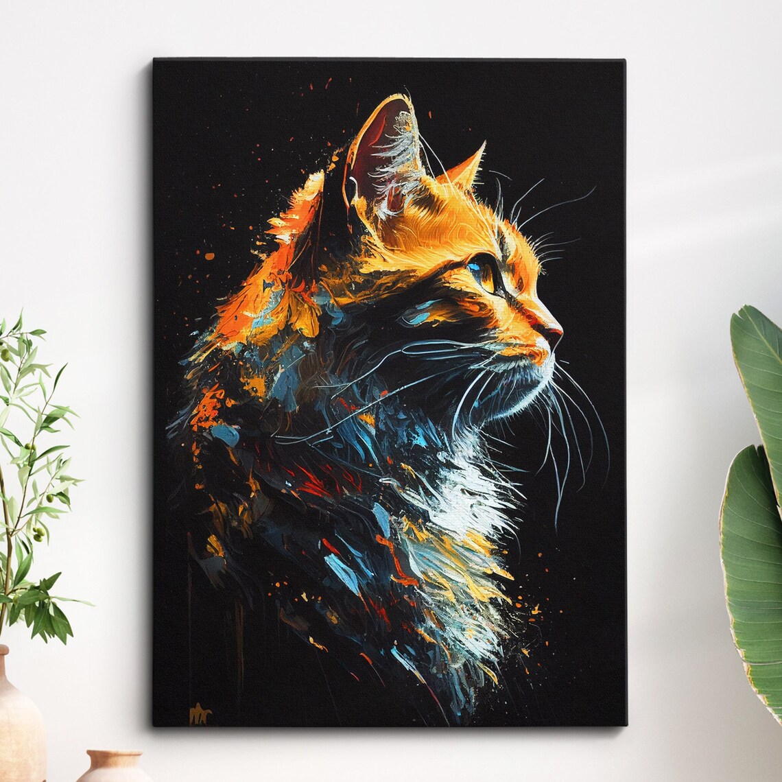 Orange Cat Side Profile Abstract Amber Blue Canvas Art Poster