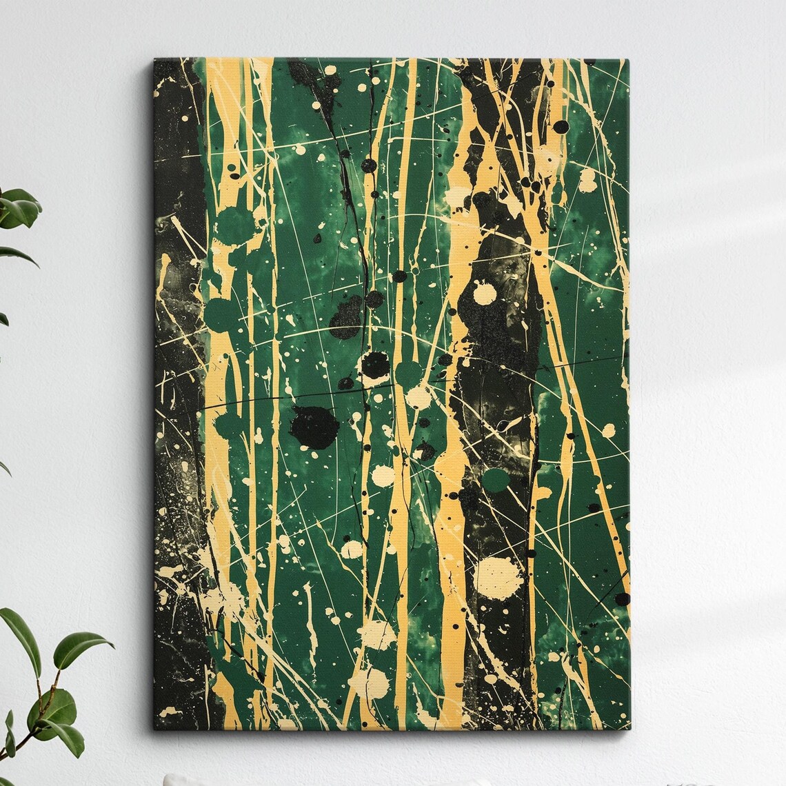 Green Yellow Black Abstract Splatter Paint Modern Canvas Wall Art