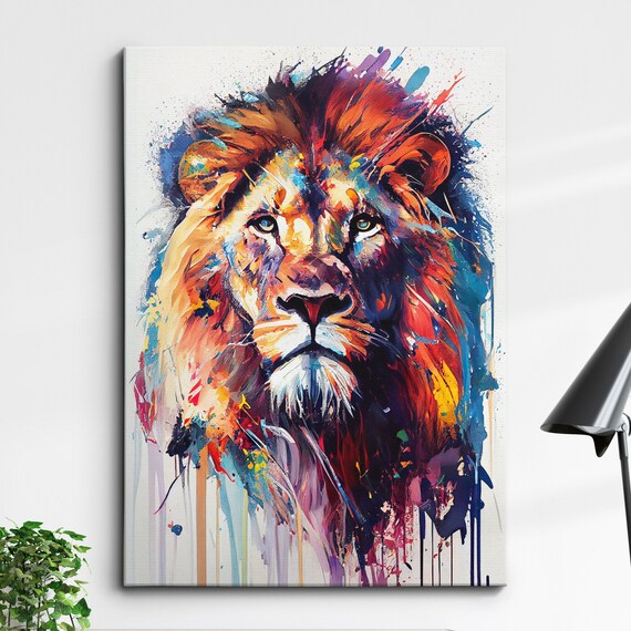 Lion Animal Abstract Modern Jungle Wild Oil Painting Splatter Style Wall Art Framed Canvas Poster Print Homeoffice Room Decor Gifts