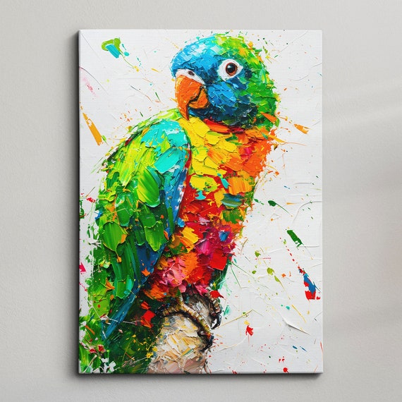 Colorful Parrot Abstract Modern Animal Oil Painting Wall Art Framed Canvas Poster Print Home Kitchen Office Room Decor Bird Gift Ideas