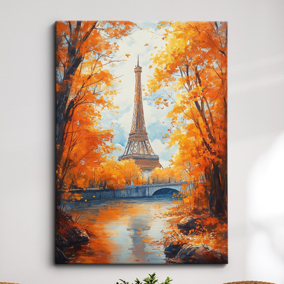 Eiffel Tower Autumn Riverside Golden Leaves Painting Wall Poster