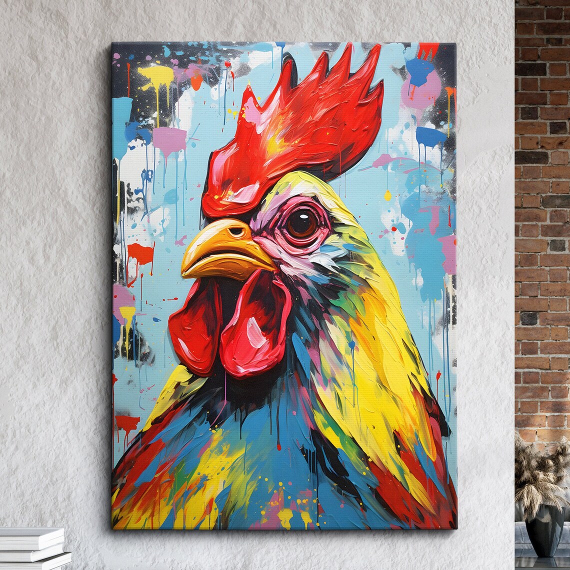 Colorful Rooster Paint Splatter Abstract Oil Painting Wall Art