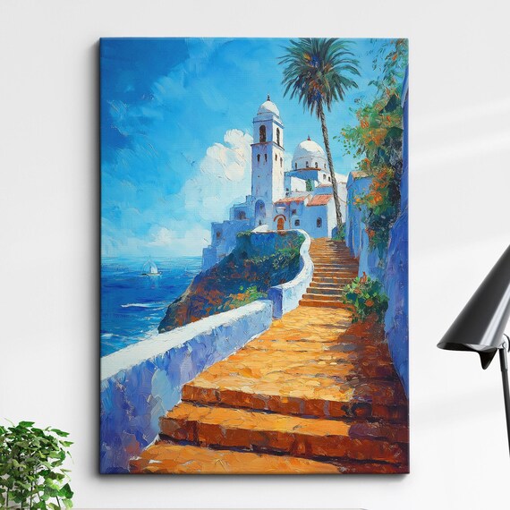 Whitewashed Cliffside Church Coastal Staircase Oil Painting Poster