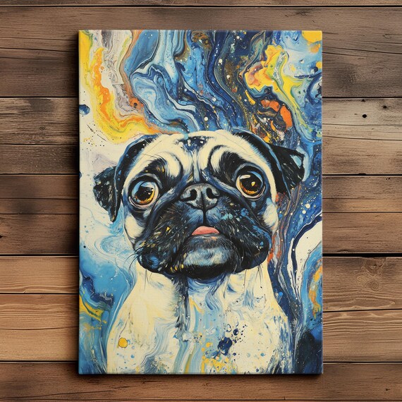Pug Dog Portrait Blue Marble Swirl Abstract Paint Pour Poster