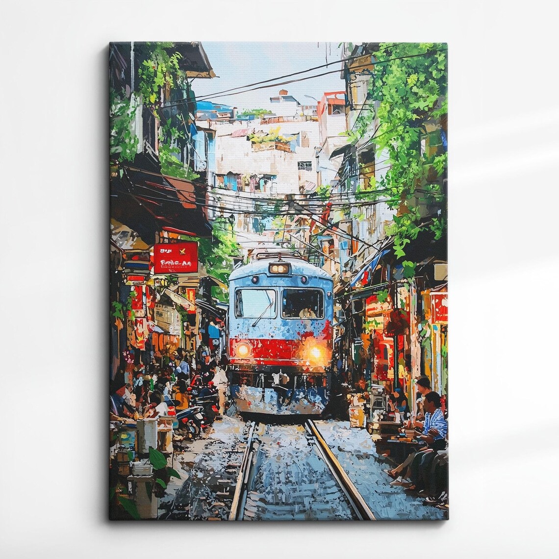 Hanoi Train Street Oil Painting Palette Knife Style Vietnam Wall Art Framed Canvas Poster Print Kitchen Living Room Home Decor Gifts