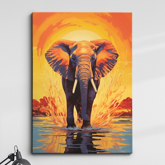 Elephant Sunset Animal Abstract Oil Painting Splatter Style Wall Art Framed Canvas Poster Print Home Kitchen Office Room Decor Gifts