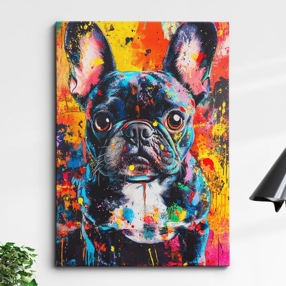 French Bulldog Paint Splash Dog Pet Abstract Modern Painting Wall Art Oil Framed Canvas Poster Home Kitchen Office Room Decor