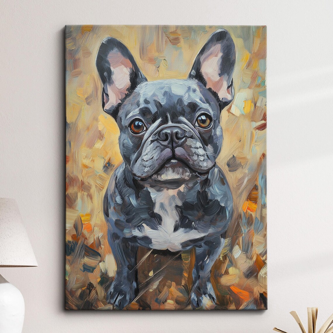 Blue Gray French Bulldog Puppy Golden Painterly Dog Art Poster