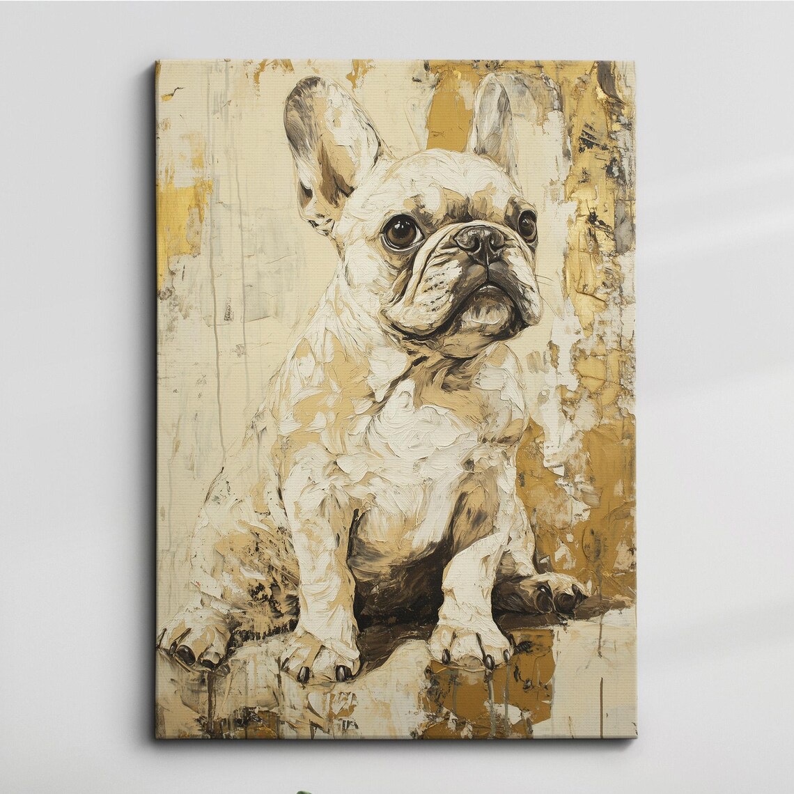 Cream French Bulldog Puppy Impasto Oil Painting Gold Wall Poster