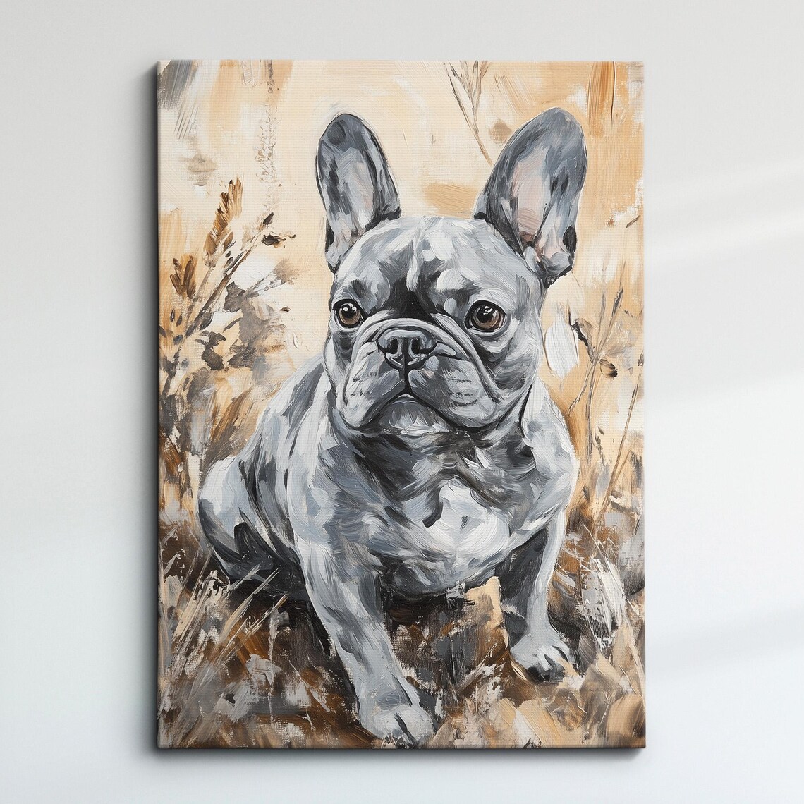 Gray French Bulldog Portrait Warm Beige Painterly Art Poster