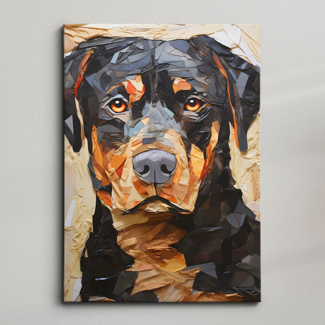 Rottweiler Mosaic Paper Mache Style Black and Tan Dog Portrait Poster