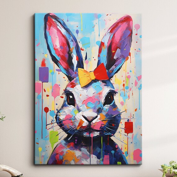 Colorful Rabbit Animal Abstract Oil Painting Splatter Style Wall Art Framed Canvas Poster Print Home Kitchen Office Room Decor Gifts