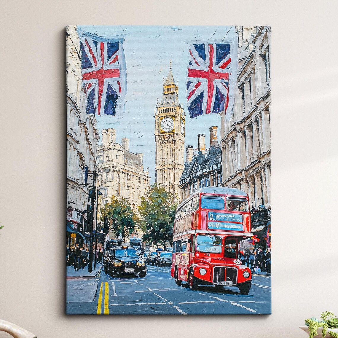 London Union Jack Flags Big Ben Red Bus Classic Street Scene Poster