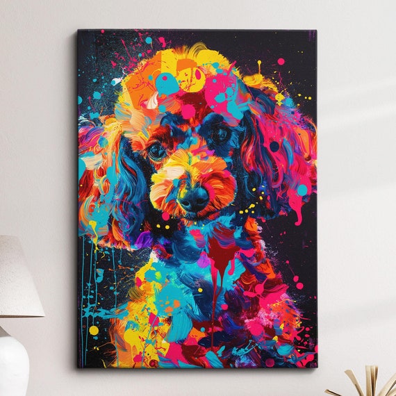 Colorful Poodle Fun Animal Dog Pet Lover Abstract Oil Painting Wall Art Framed Canvas Poster Print Home Kitchen Living Room Decor Gifts