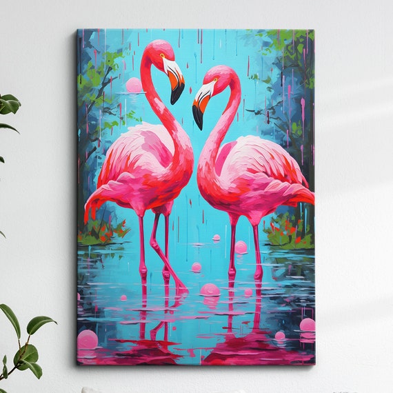 Pink Flamingos Animal Abstract Oil Painting Splatter Style Wall Art Framed Canvas Poster Print Home Kitchen Office Room Decor Gifts