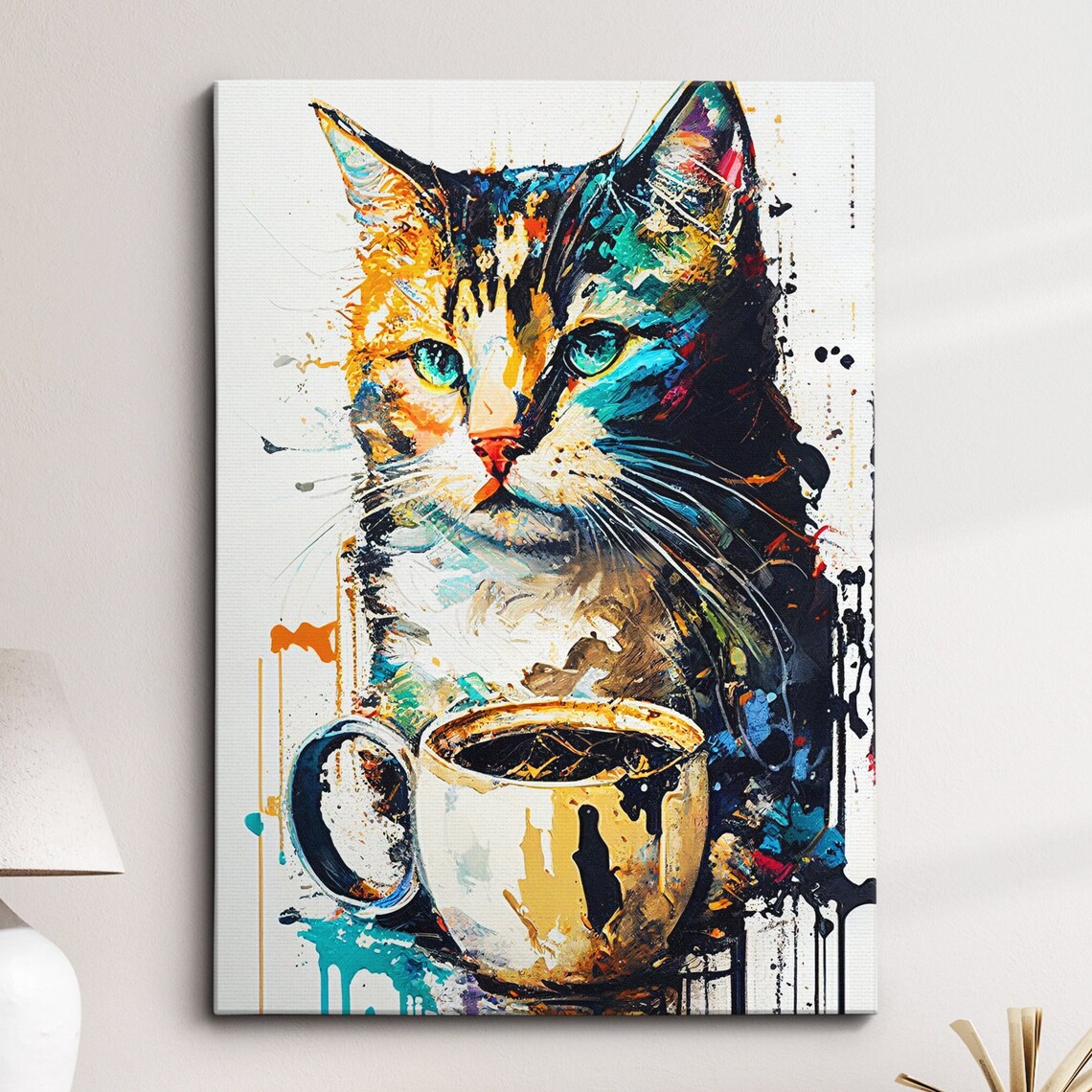 Tabby Cat With Coffee Cup Colorful Splash Abstract Painting Poster