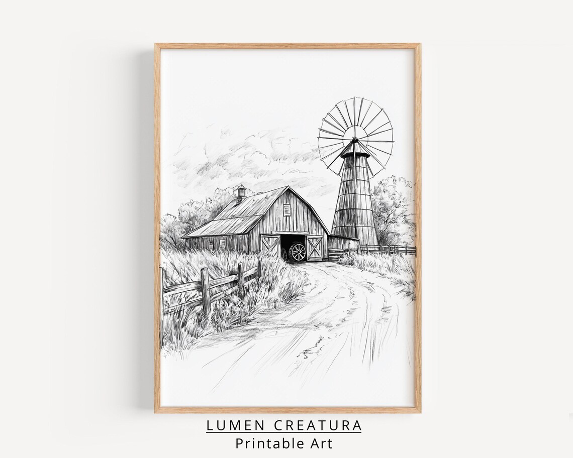 Rustic Barns Sketch, Western Vintage Farmhouse Art - Image 2